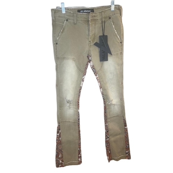 NWT VALABASAS Jeans Mens Size 29 Beige Patchwork Stacked Distressed Slim Fit - Picture 3 of 13